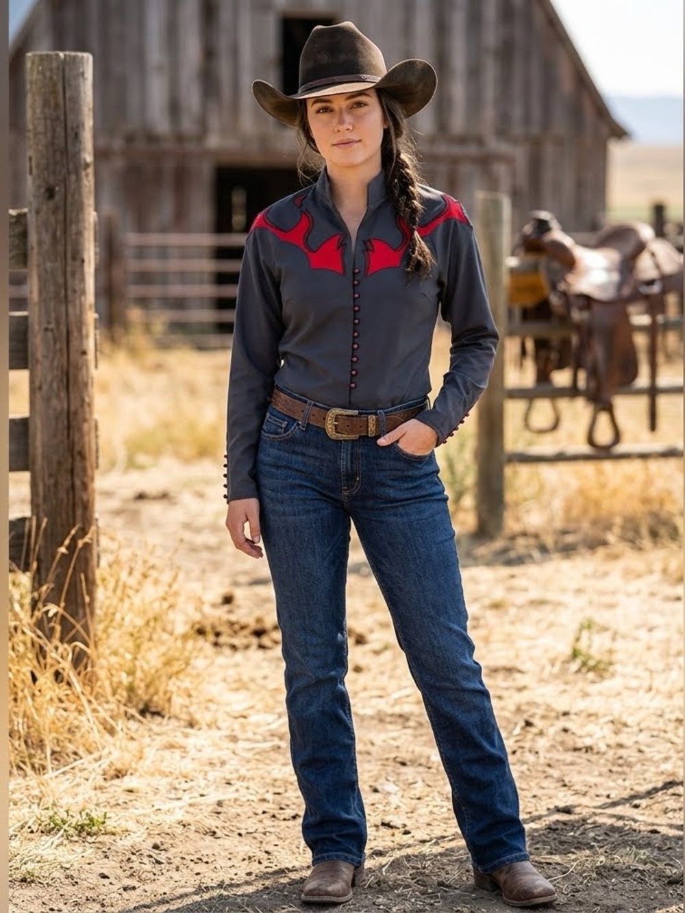 Ladies Western Shirt Flames “Western Collection” Button Loop Closure Vintage